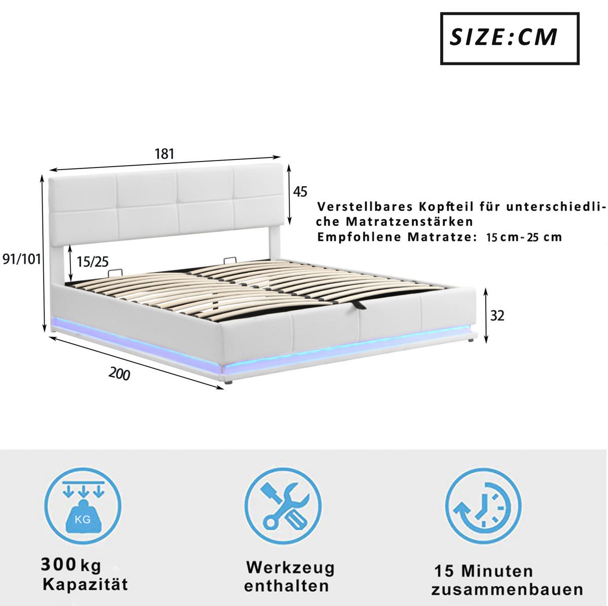ČALÚNENÁ posteľ z MDF a kovu 180x200 cm biela s LED osvetlením, hydraulickým úložným priestorom a nastaviteľným čelom - biela, textil (180/200cm) - Modfu