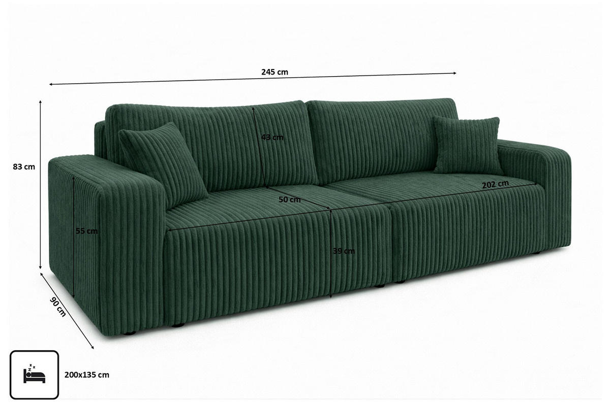 SOFA Mit Schlaffunktion Und Bettkasten, Cordstoff Tilia, Grün, BEST SCORNER - Grün, Holz (245/83/90cm) - Kaiser Möbel