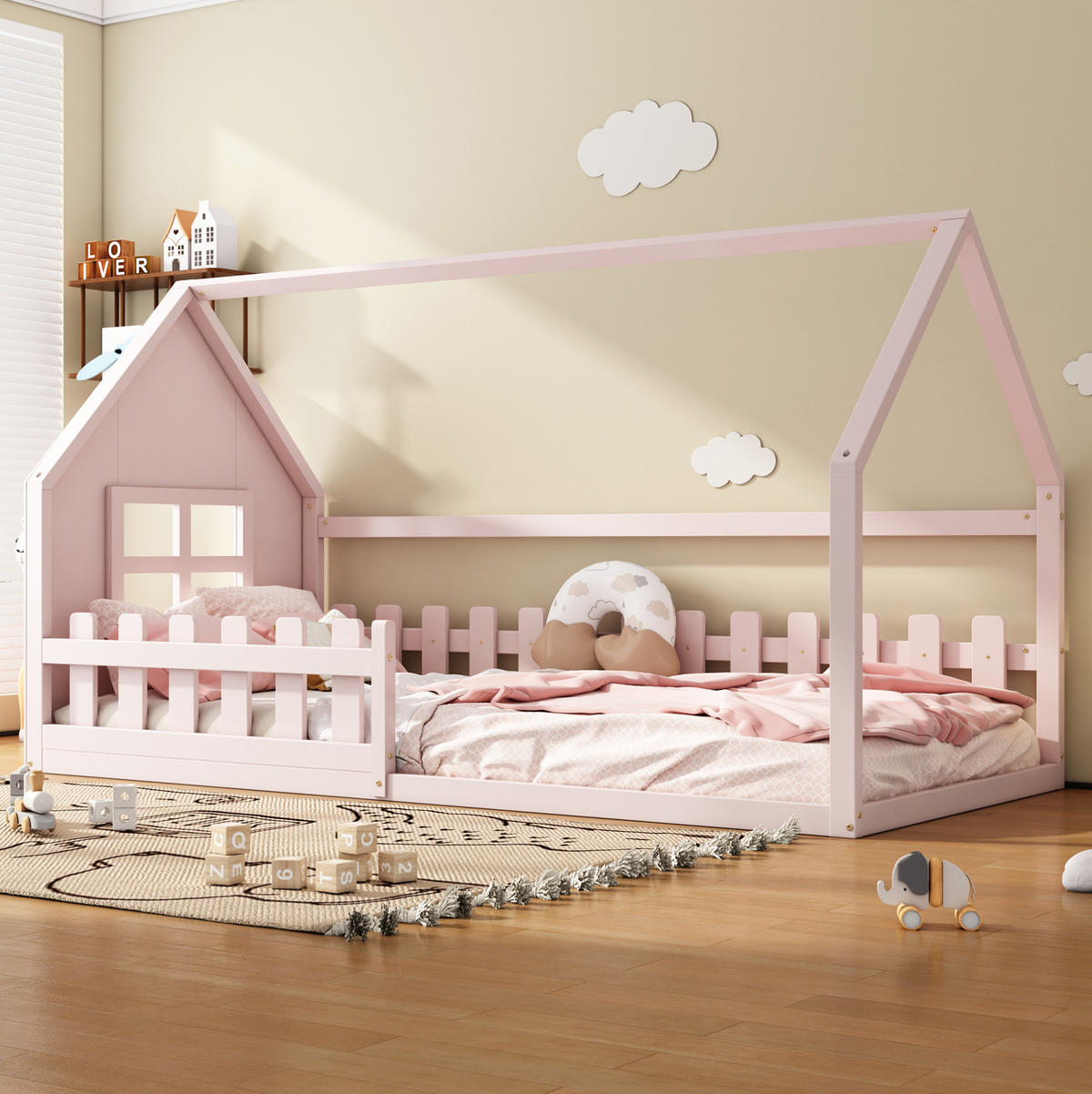 KINDERBETT 90/200 cm in Hausform aus Kiefer und MDF – Rosa - Rosa, Holz (90/200cm) - BEAOK