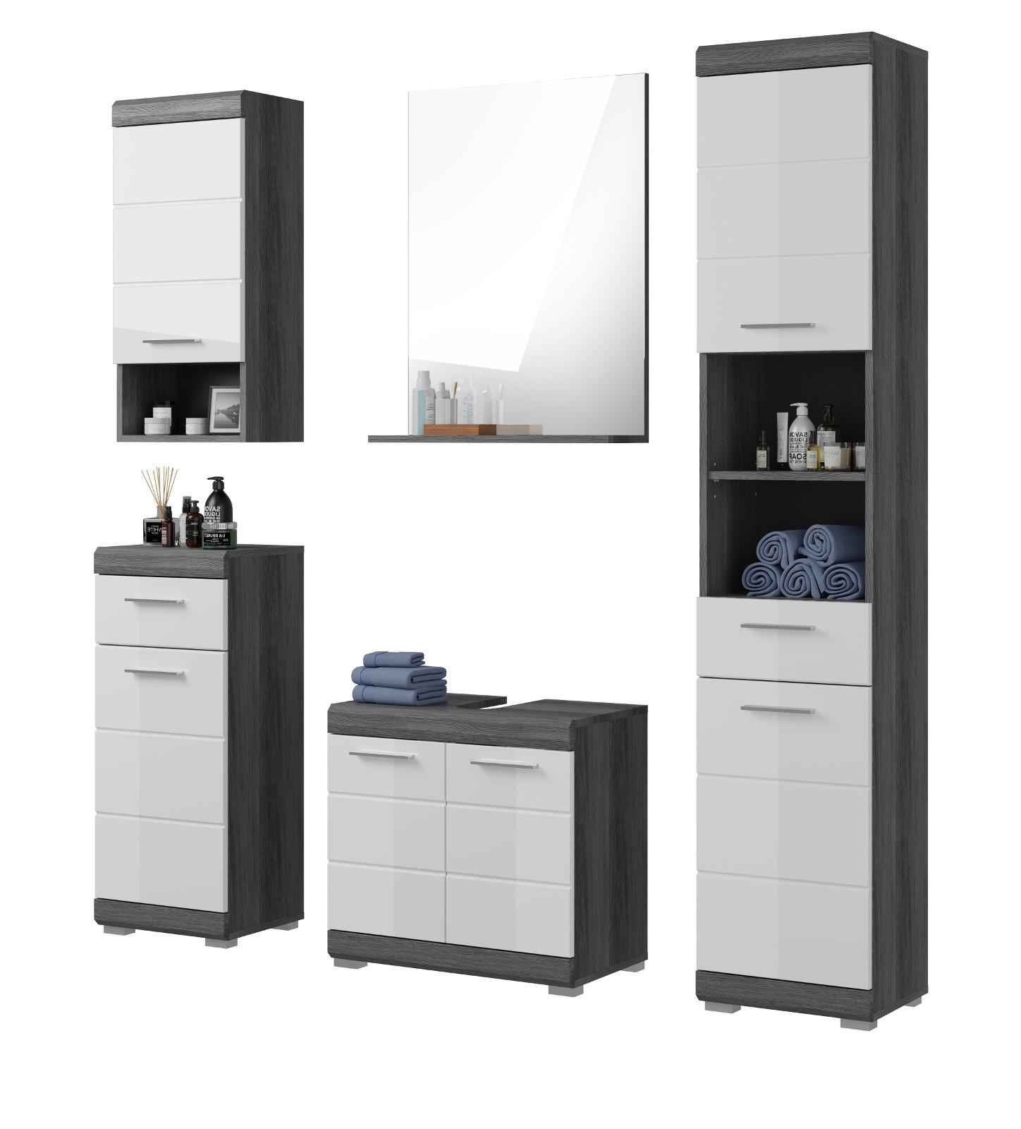 BADMÖBEL-SET weiß Hochglanz, grau 5-teilig 164 cm, Badkombination mit 13 Fächern - Weiß Hochglanz/Grau, Glas/Holzwerkstoff (164/191/34cm) - Inn.Furn