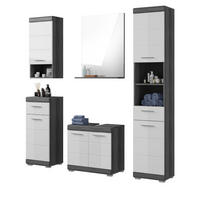 BADMÖBEL-SET weiß Hochglanz, grau 5-teilig 164 cm, Badkombination mit 13 Fächern - Weiß Hochglanz/Grau, Glas/Holzwerkstoff (164/191/34cm) - Inn.Furn