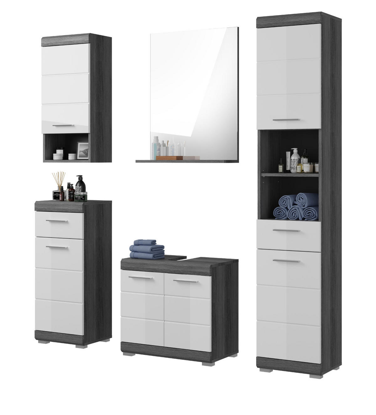BADMÖBEL-SET weiß Hochglanz, grau 5-teilig 164 cm, Badkombination mit 13 Fächern - Weiß Hochglanz/Grau, Glas/Holzwerkstoff (164/191/34cm) - Inn.Furn