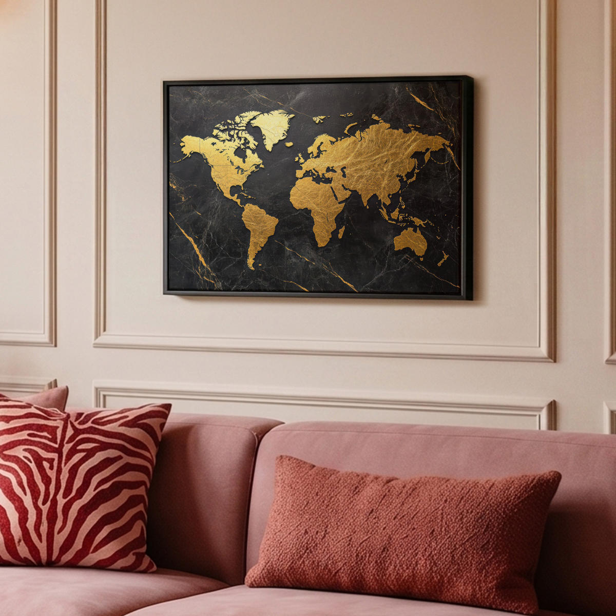LEINWAND Bilder mit Rahmen - Weltkarte - Gold - Marmor - 60x40 - Goldfarben, Textil (60/40cm) - MuchoWow