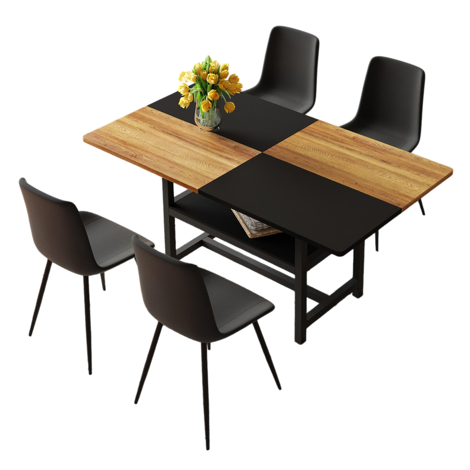 ESSGRUPPE DE-39360 5-teilig, mit Ablagefach und 4 PU-Sesseln Schwarz - Schwarz, Holzwerkstoff (160/76/90cm) - ComfortXL