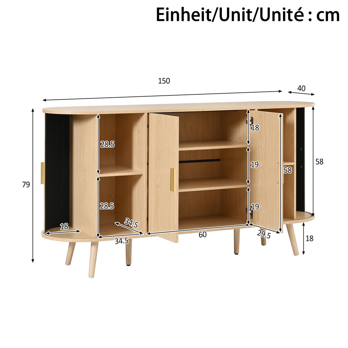 SIDEBOARD Schiebetüren Rillenoptik Metallgriffe Gebogenes Design - Naturfarben, Holzwerkstoff (150/79/40cm) - FLIEKS