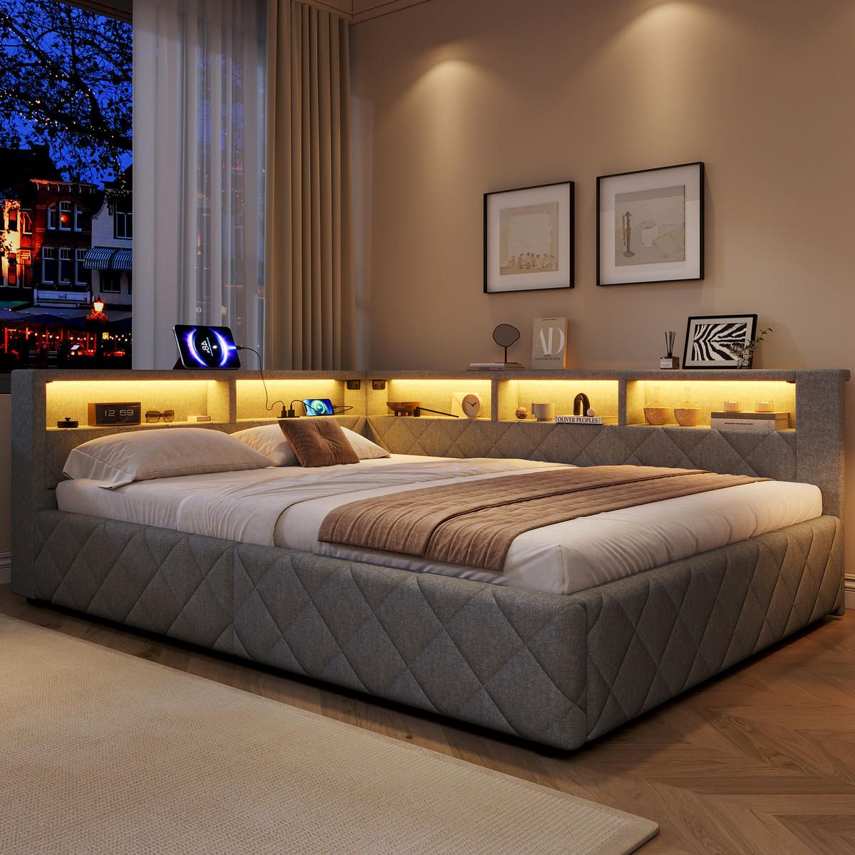 SCHLAFSOFA 140 x 200 cm, Grau, Leinen, LED, USB - Grau, Naturmaterialen (140/200cm) - FLIEKS