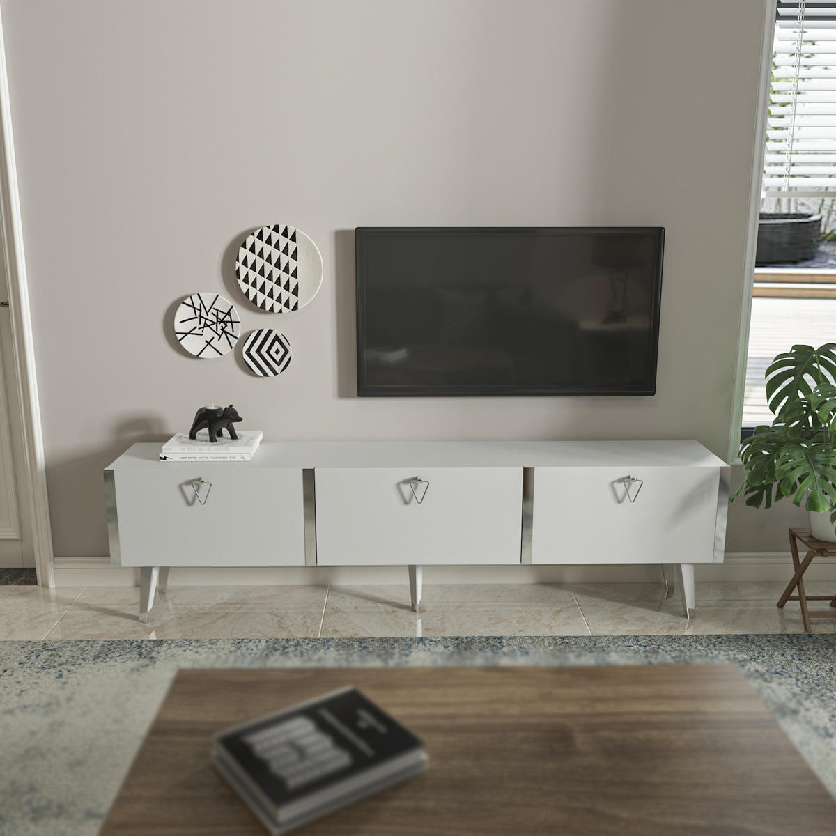 TV Stand Milagro Hochglanz Weiß Silber - Weiß, Holzwerkstoff (31.3/49.3/180cm) - Decorotika