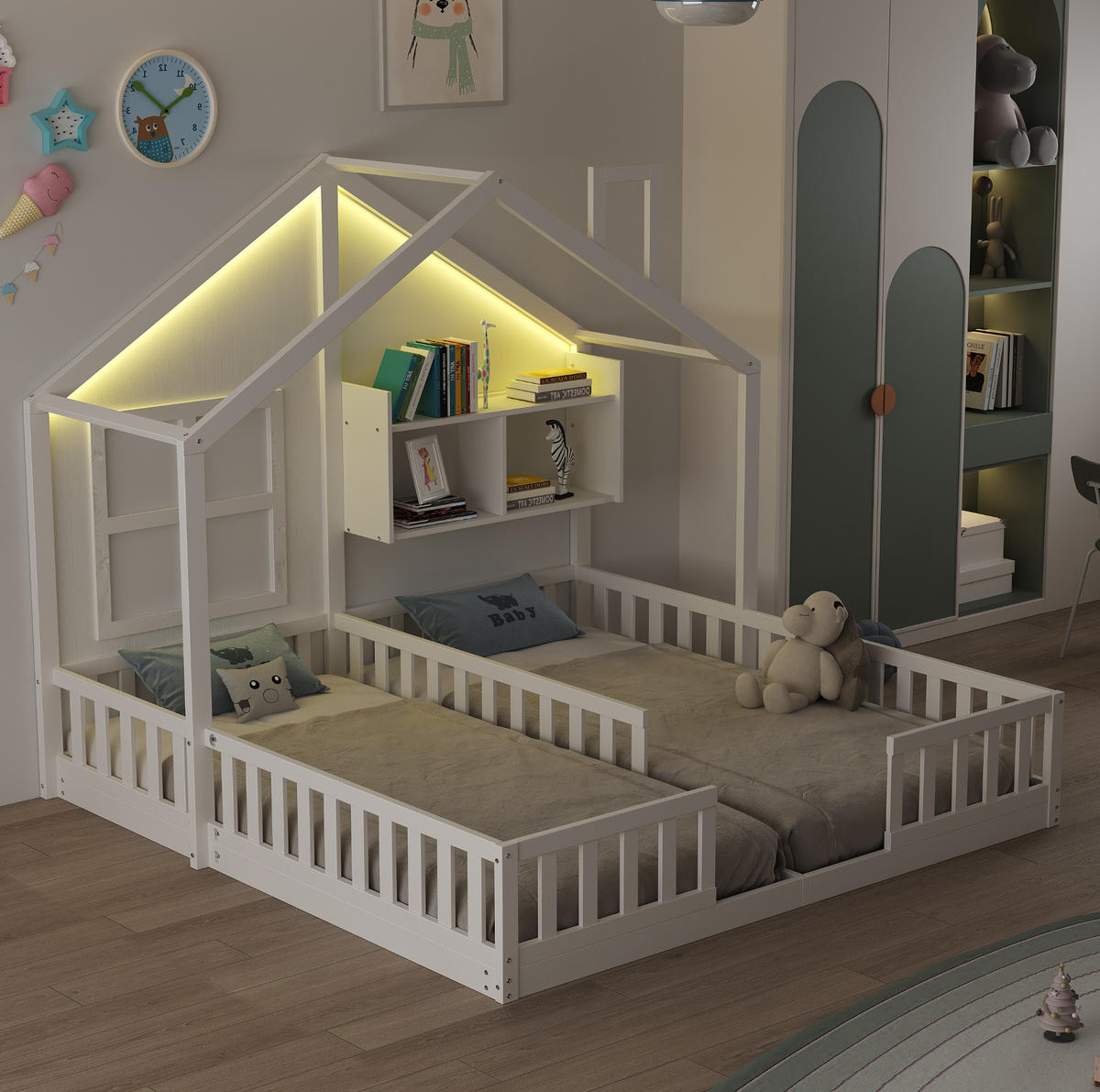 HAUSBETT 90/200 cm weiß aus Massivholz mit LED und Stauraum - Weiß, Holz (90/200cm) - OKWISH