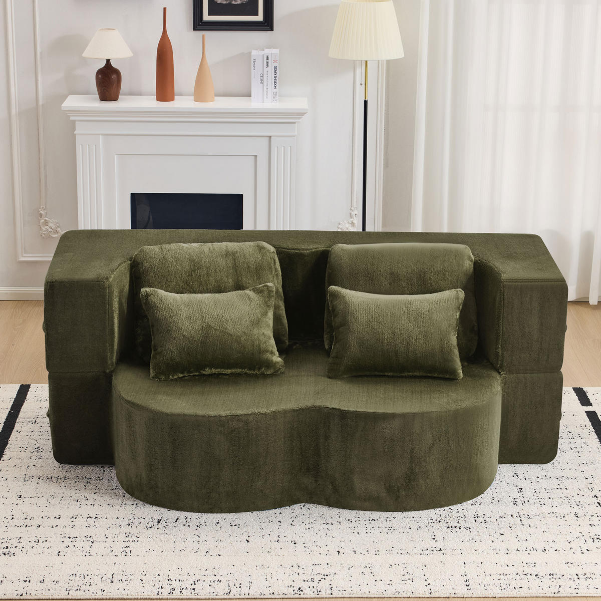2-SITZER SCHLAFSOFA Flanell Grün mit 4 Kissen - Grün, Textil (198/76/120cm) - WISHDOR
