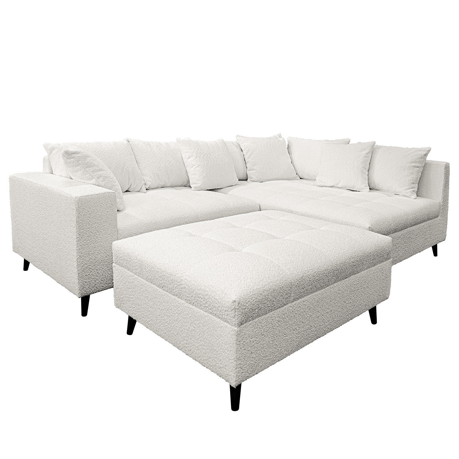 ECKSOFA mit Ottomane und Hocker - Hellgrau/Schwarz, Birkenholz/Textil (247/174cm) - home24