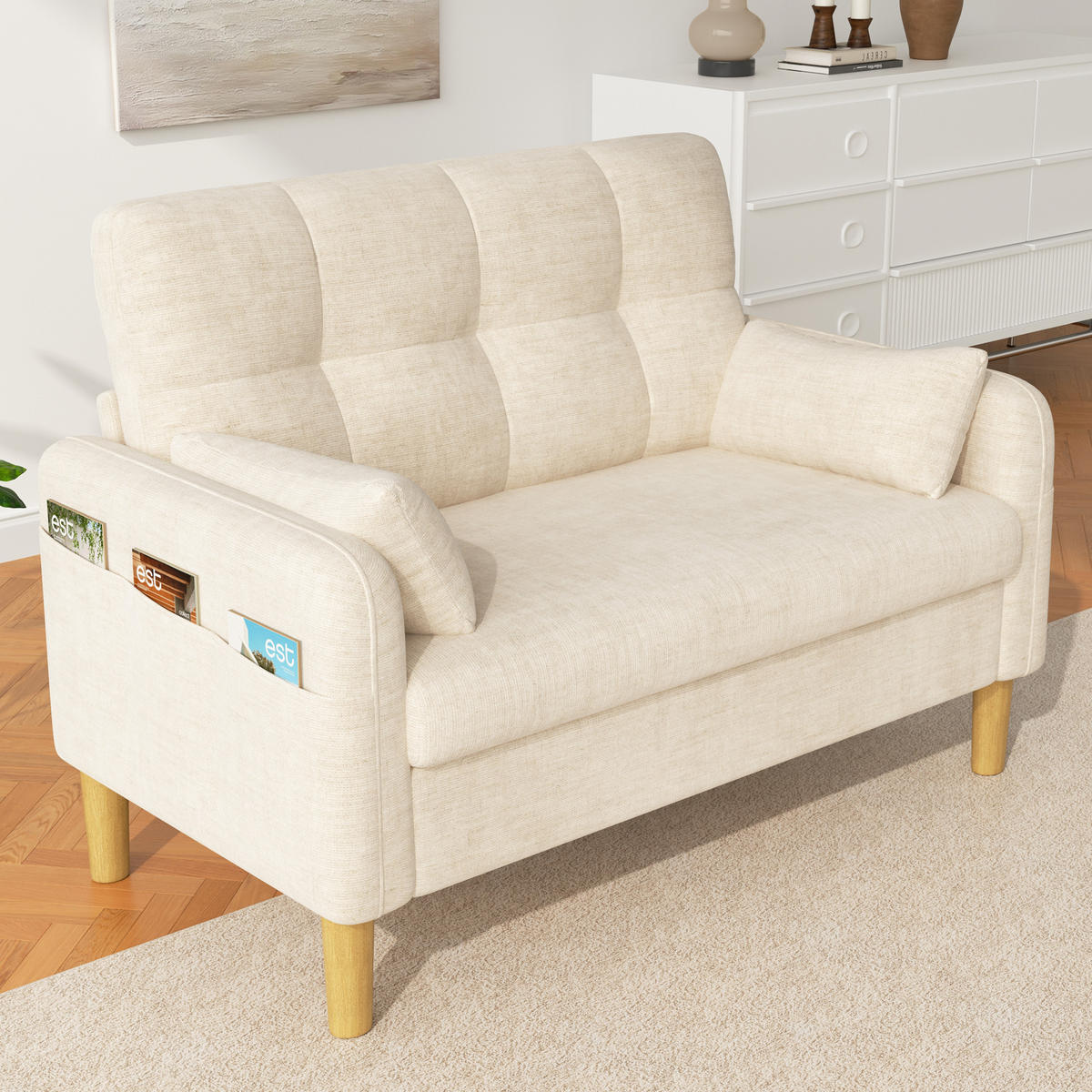 2-SITZER-SOFA DE-33242 mit weichen Polstern und Seitentasche Beige - Beige, Holzwerkstoff (119/85/78cm) - ComfortXL