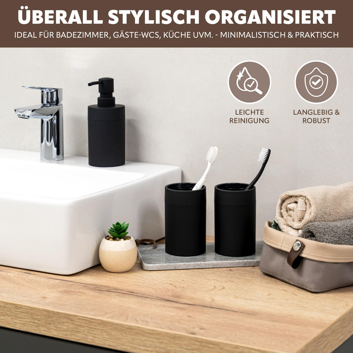 BADEZIMMER-SET SAVONA, Soft-Touch, schwarz, rund - Schwarz, Kunststoff (7/16/9cm) - bremermann