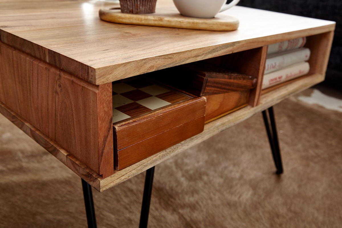 COUCHTISCH aus massivem Akazienholz mit Metallgestell und Stauraum im modernen Design - Beige/Schwarz, Holz/Metall (60/60/40cm) - KADIMA DESIGN