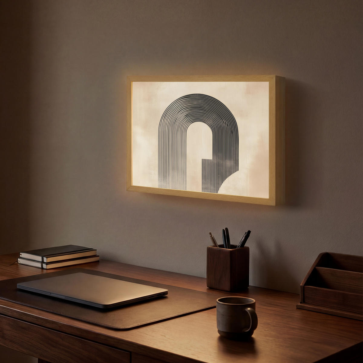 NÁSTĚNNÁ LAMPA S AKUMULÁTOREM Luk - Pruhy - Minimalistický - Černý 40x30 cm - béžová, kompozitní dřevo (40/30/8cm) - OnlyWow