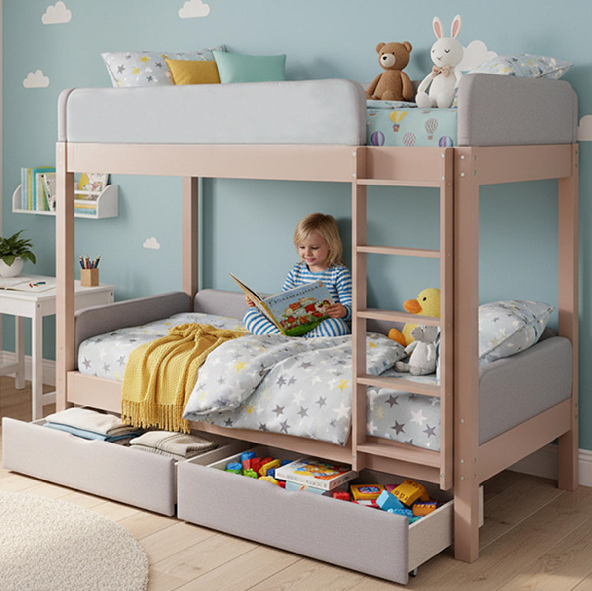 ETAGENBETT 90/200 cm grau/natur aus Kautschukholz und MDF mit Treppe und 2 Schubladen - Grau, Holz (90/200cm) - OKWISH