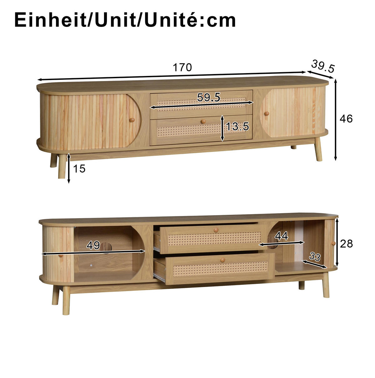 LOWBOARD 170/39,5/46 cm in Natur mit Rattanfronten und Schubladen - Eichefarben, Holzwerkstoff (170/46/39.5cm) - Flora Grace