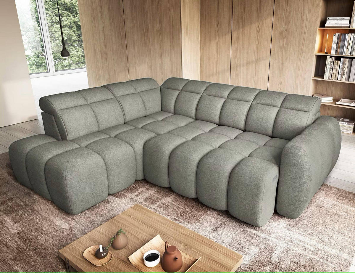 ECKSOFA mit elektrischem Sitzvorschub, Bettkasten und verstellbare Kopflehnen - Grün, Naturmaterialien/Textil (258/208cm) - Eltap