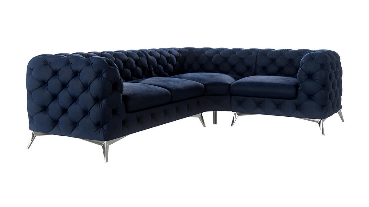 ECKSOFA Chesterfield Laura Marineblau Samt, Ottomane rechts - Silberfarben/Dunkelblau, Holz/Textil (264/204cm) - S-Style Möbel