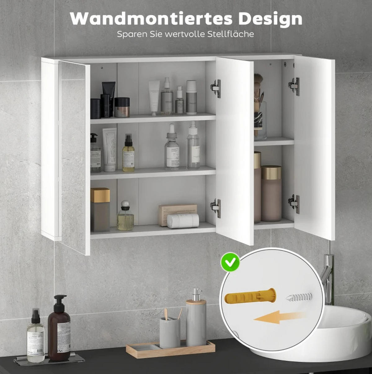 BADEZIMMER Hängeschrank 90x15.5x60 cm Weiß mit 3 Spiegeltüren & 5 Regalen - Weiß, Glas (90/60/15.5cm) - Modfu