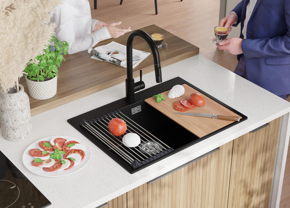 SPÜLBECKEN Oslo, 2-er set Schwarz Metallic 68/50 cm 1 Becken + Ablauf-Set + Schneidebrett ab 70er Unterschrank - Chromfarben/Schwarz Hochglanz, Kunststoff (68/20/50cm) - Primagran