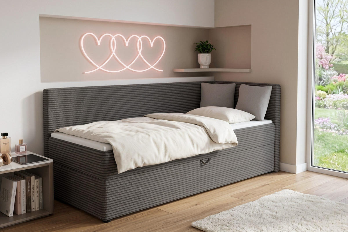 BOXBETT ROBERTO 90/200 in Cord Anthrazit H4 rechts - Anthrazit, Holz/Holzwerkstoff (90/200cm) - Deine Möbel 24