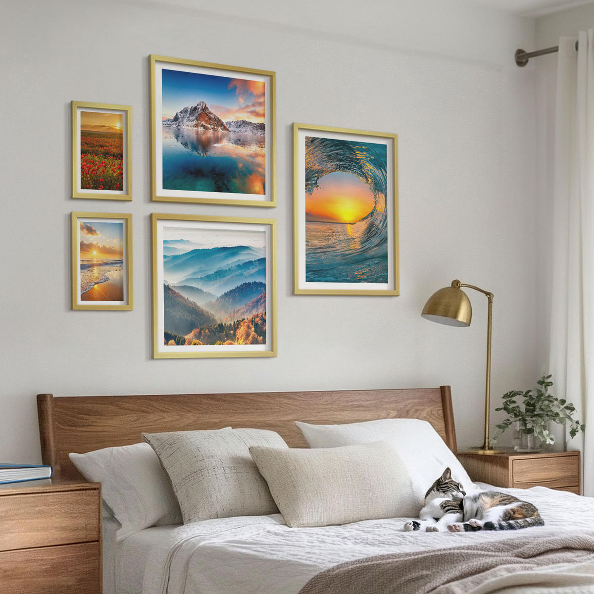BILDER SET 5er Set - 50x50 cm & 20x30 cm & 40x60 cm Goldrahmen - Landschaften aus Bergen und Meeren im Westen - Goldfarben, Kunststoff (40/60cm) - TULUP