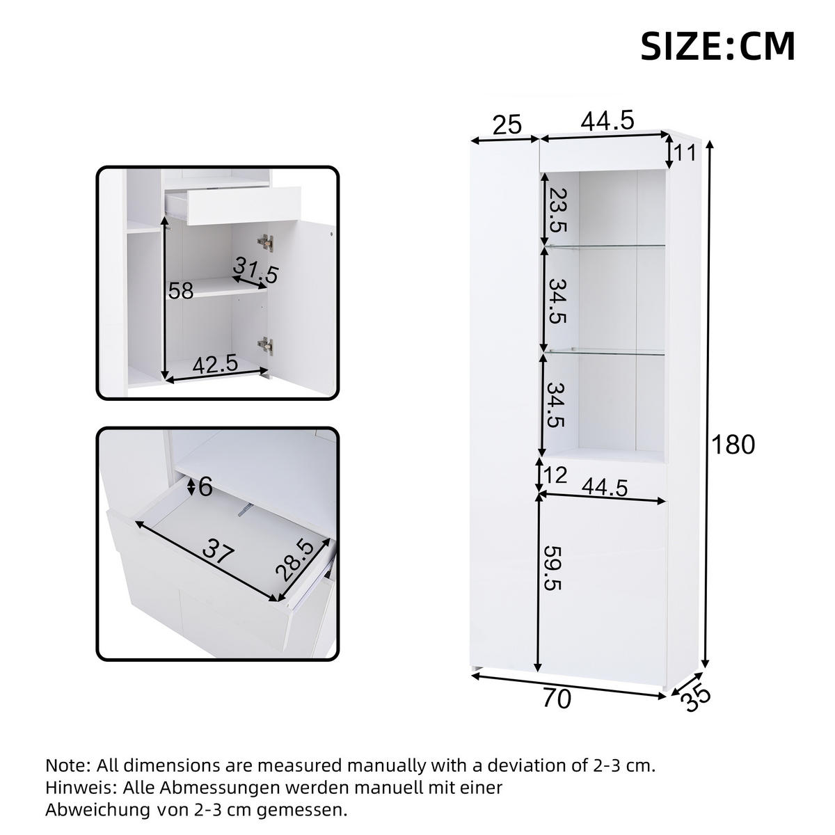 VITRINE 70/35/180 cm weiß aus Spanplatte mit LED und Schublade - Weiß, Holzwerkstoff (70/180/35cm) - OKWISH