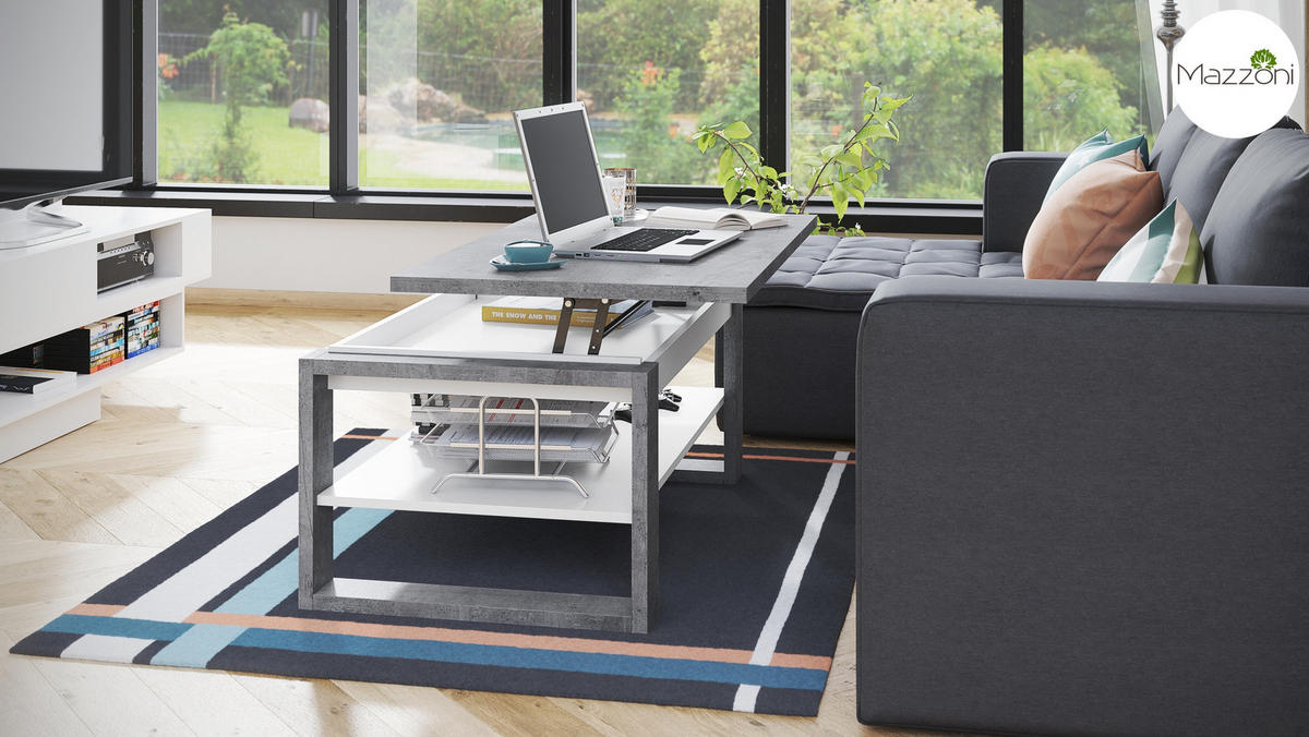 COUCHTISCH rechteckig Beton Weiß aufklappbar 110/65/50 cm - Hellgrau, Holzwerkstoff (65/110/50cm) - designimpex