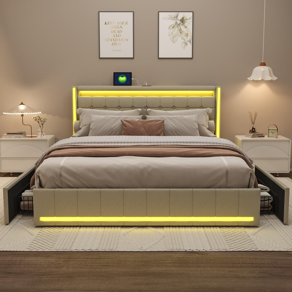 POLSTERBETT 140x190 Beige LED USB 4 Schubladen - Grau, Holzwerkstoff (140/200cm) - SHOPENTRA