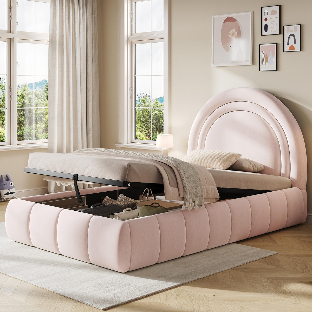 KINDERBETT Rosa Samt 90x200 Hydraulik Stauraum Lattenrost - Pink, Textil (90/200cm) - FLIEKS