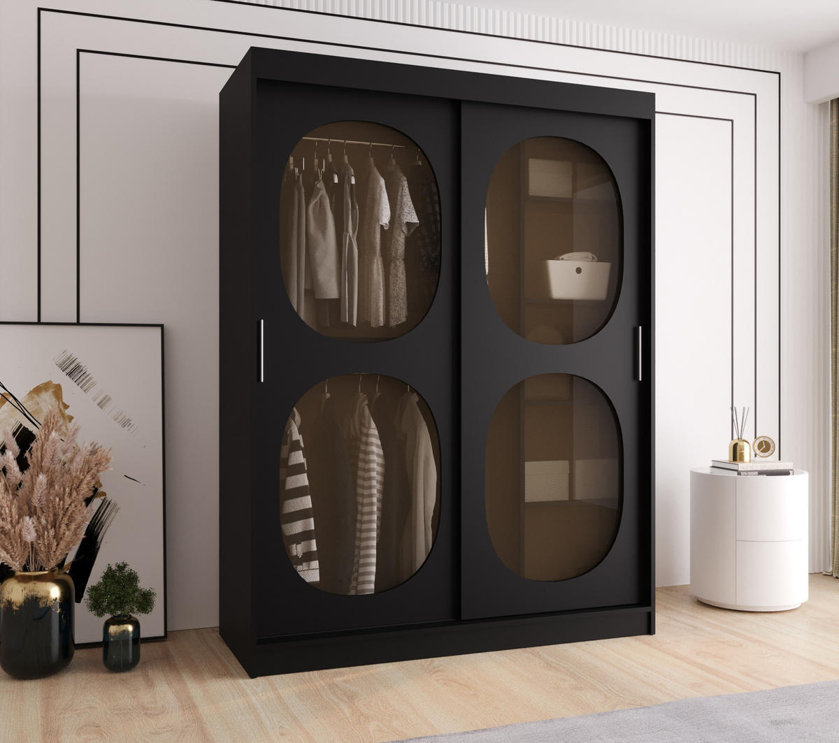 SCHWEBETÜRENSCHRANK 200/150/62 2-türig - Schwarz, Holz (150/200/62cm) - Abiks Möbel