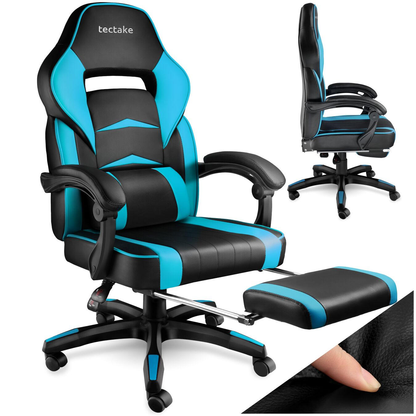 BÜROSTUHL Racing Comodo, Belastbarkeit 120 kg,schwarz/azur - Schwarz/Hellblau, Textil (70/127.5/69cm) - tectake