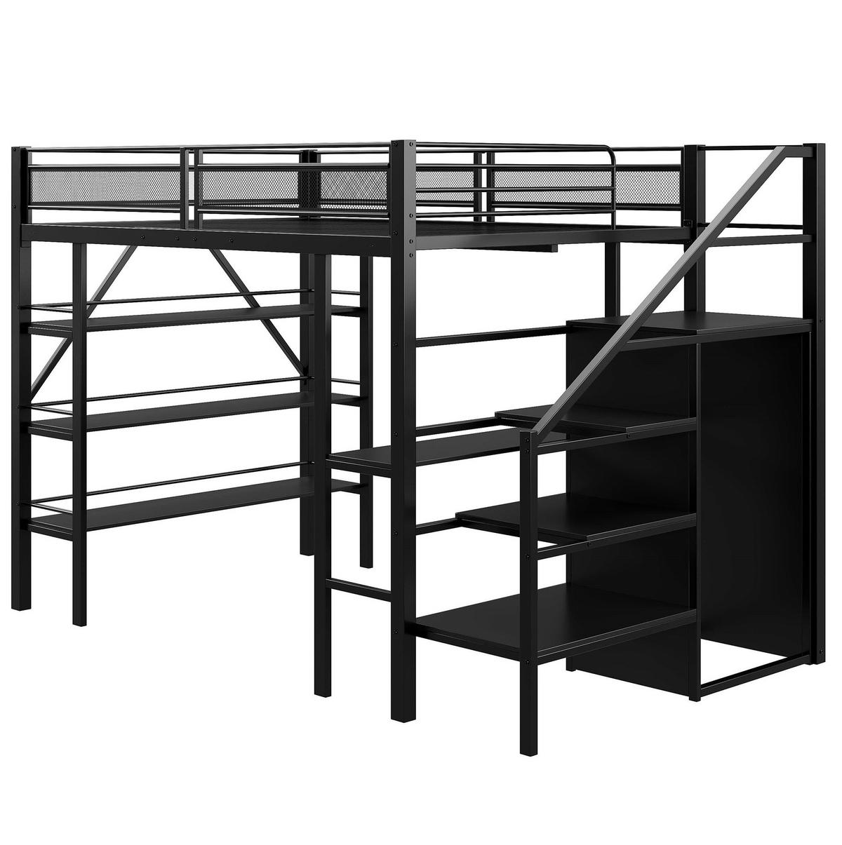 HOCHBETT 140/200 cm Schwarz aus Metall mit Schreibtisch und Kleiderschrank - Schwarz, Metall (140/200cm) - OKMYHOME