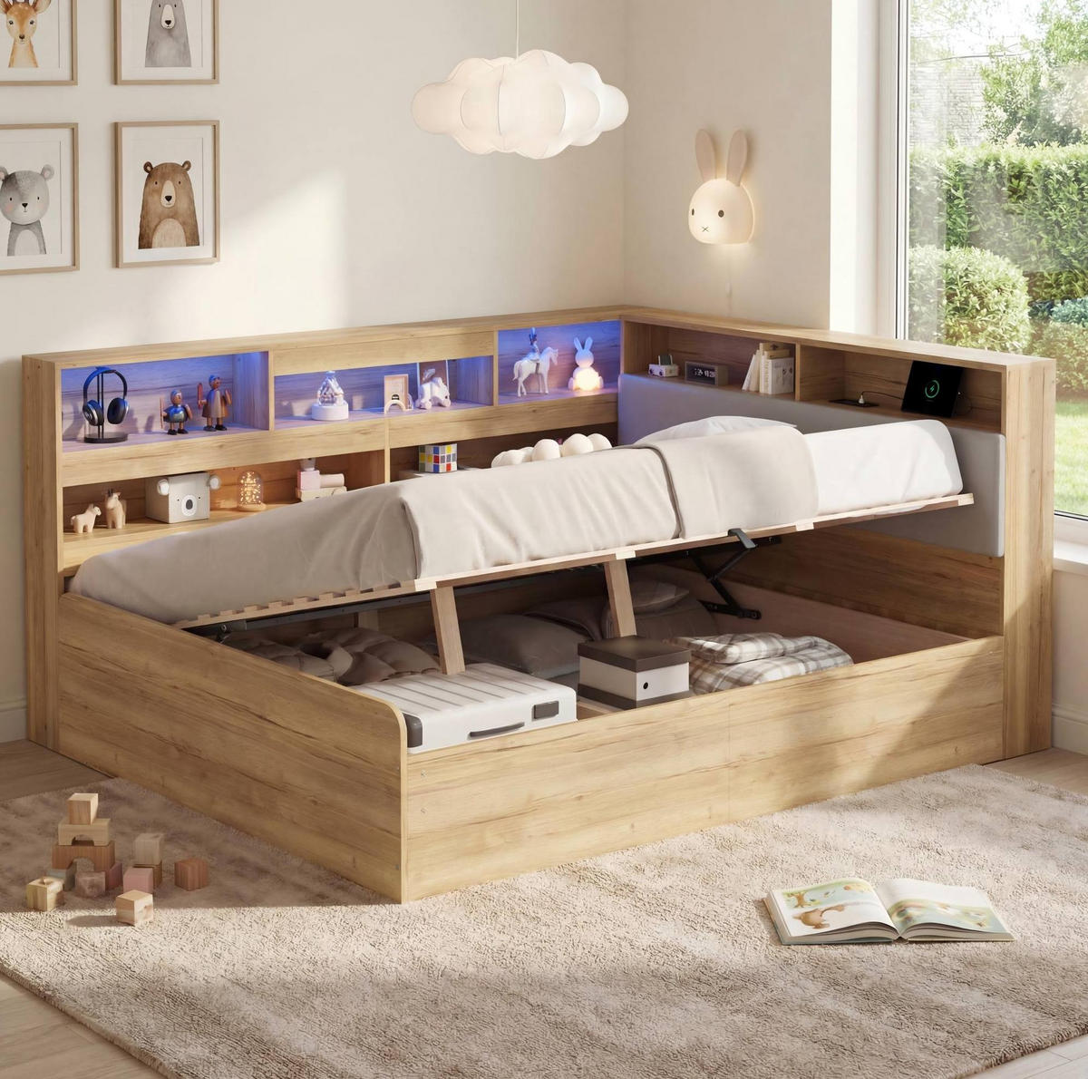 JUGENDBETT 140/200 cm natur aus MDF mit Stauraum und LED - Naturfarben, Holzwerkstoff (140/200cm) - OKWISH