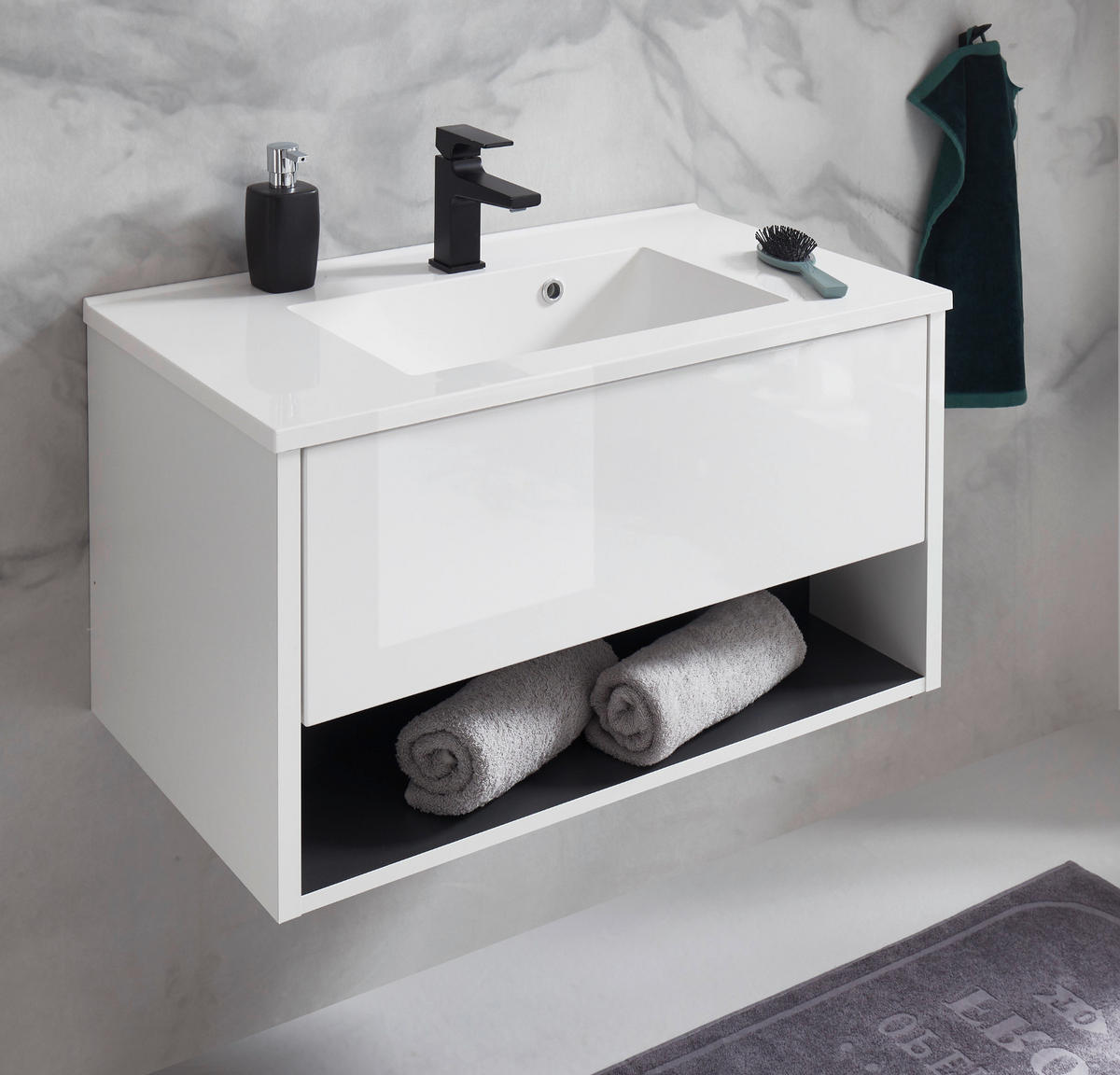 WASCHBECKENUNTERSCHRANK mit Waschbecken weiß Hochglanz, grau 80 cm hängend - Weiß Hochglanz/Grau, Holzwerkstoff/Metall (80/44/47cm) - Furn.Design