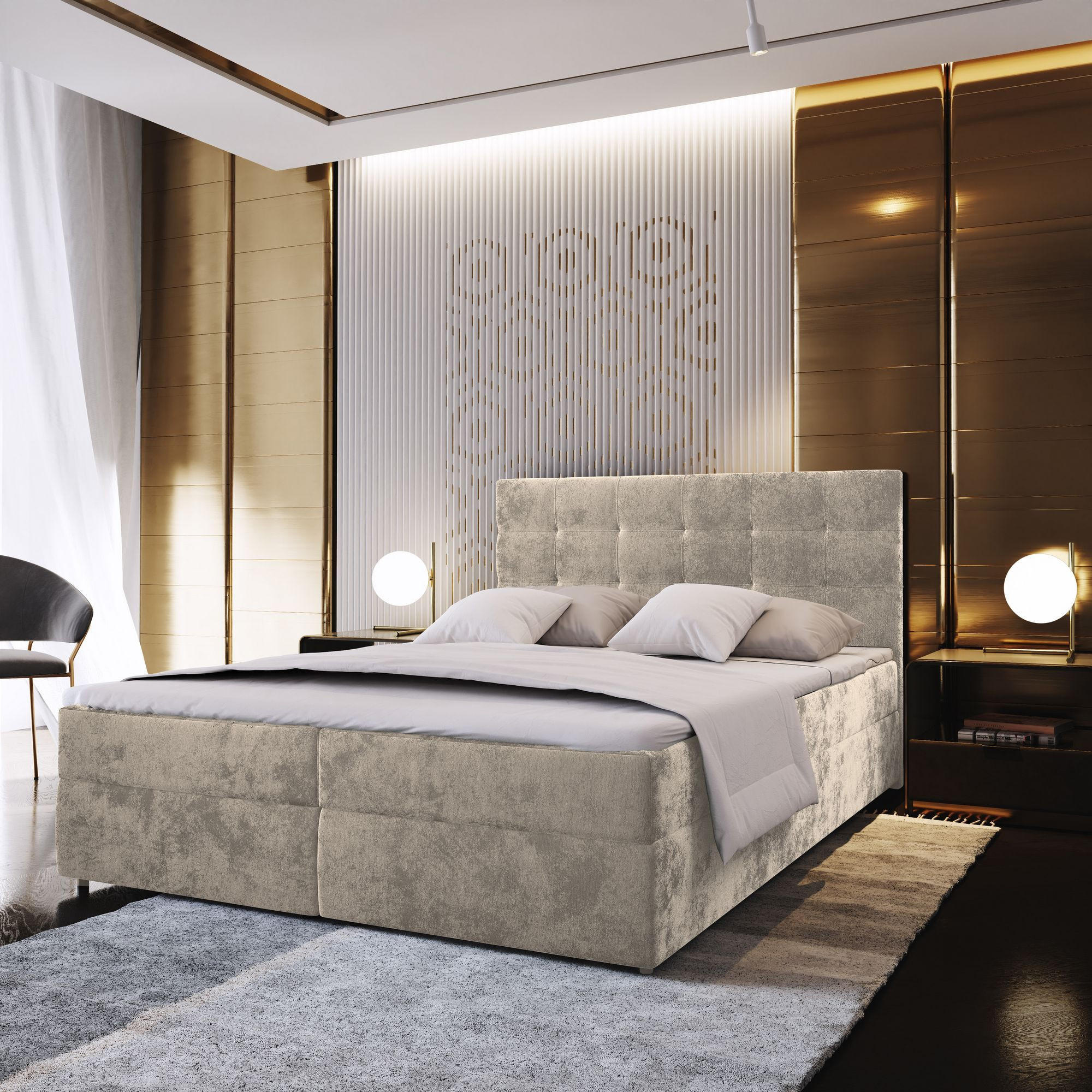 BOXBETT GLOS K 160x200 cm mit Matratze und Topper - Beige - Beige, Holz (160/200cm) - MASSENO