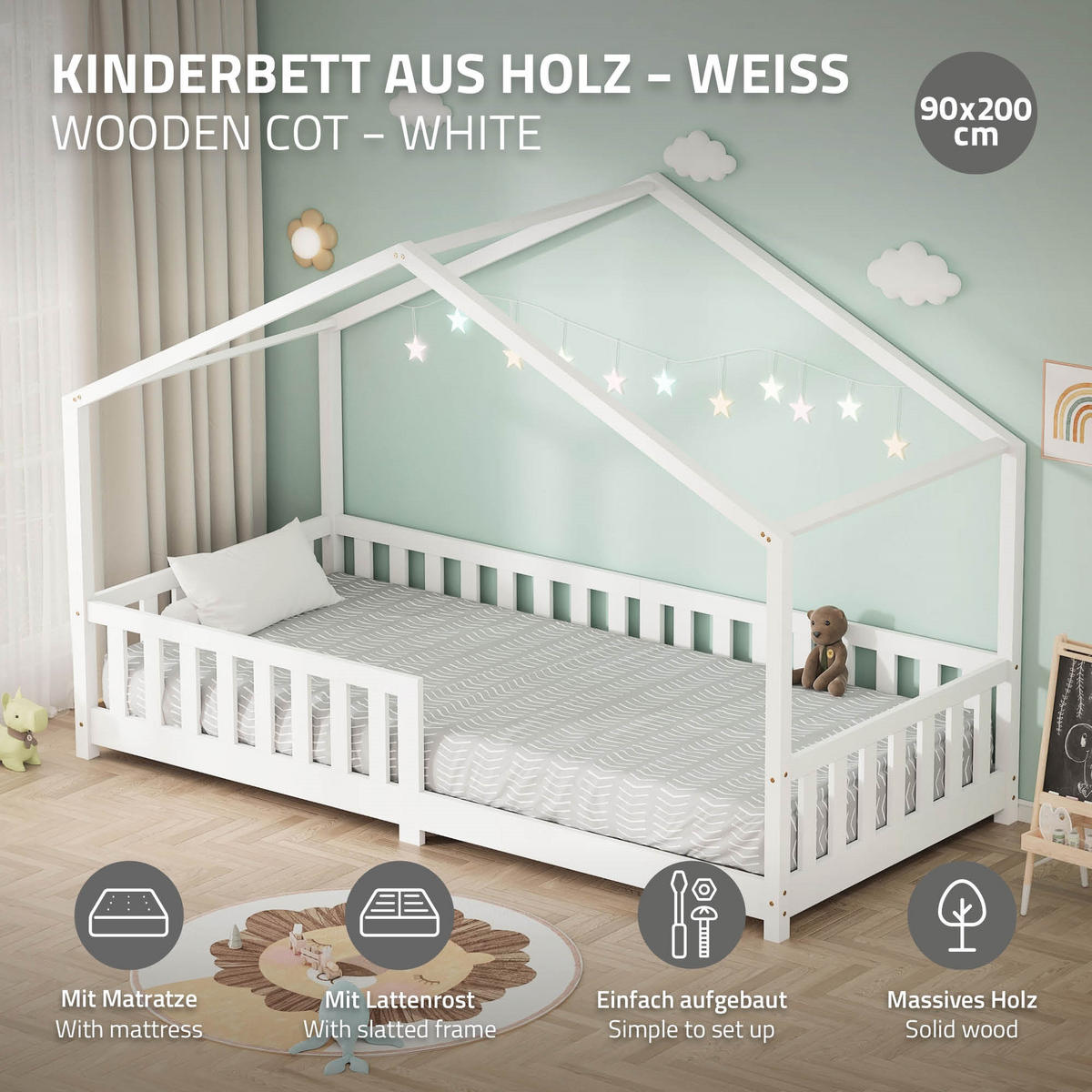 HAUSBETT mit Matratze 90x200 cm H:16cm Weiß aus Kiefernholz mit Rausfallschutz - Weiß, Holz (90/200cm) - ML-DESIGN
