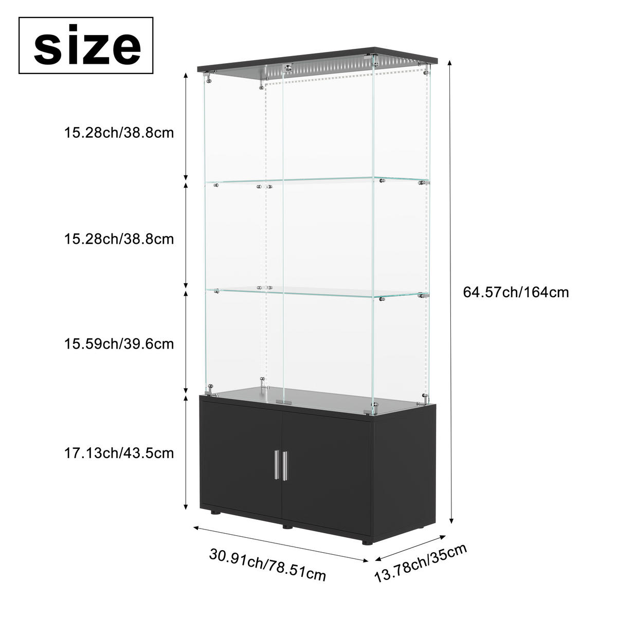 GLASVITRINE 164x78,5x35 cm 4 Türen 6 Einlegeböden LED schwarz - Schwarz, Holz (78.5/164/35cm) - LEBENLANG