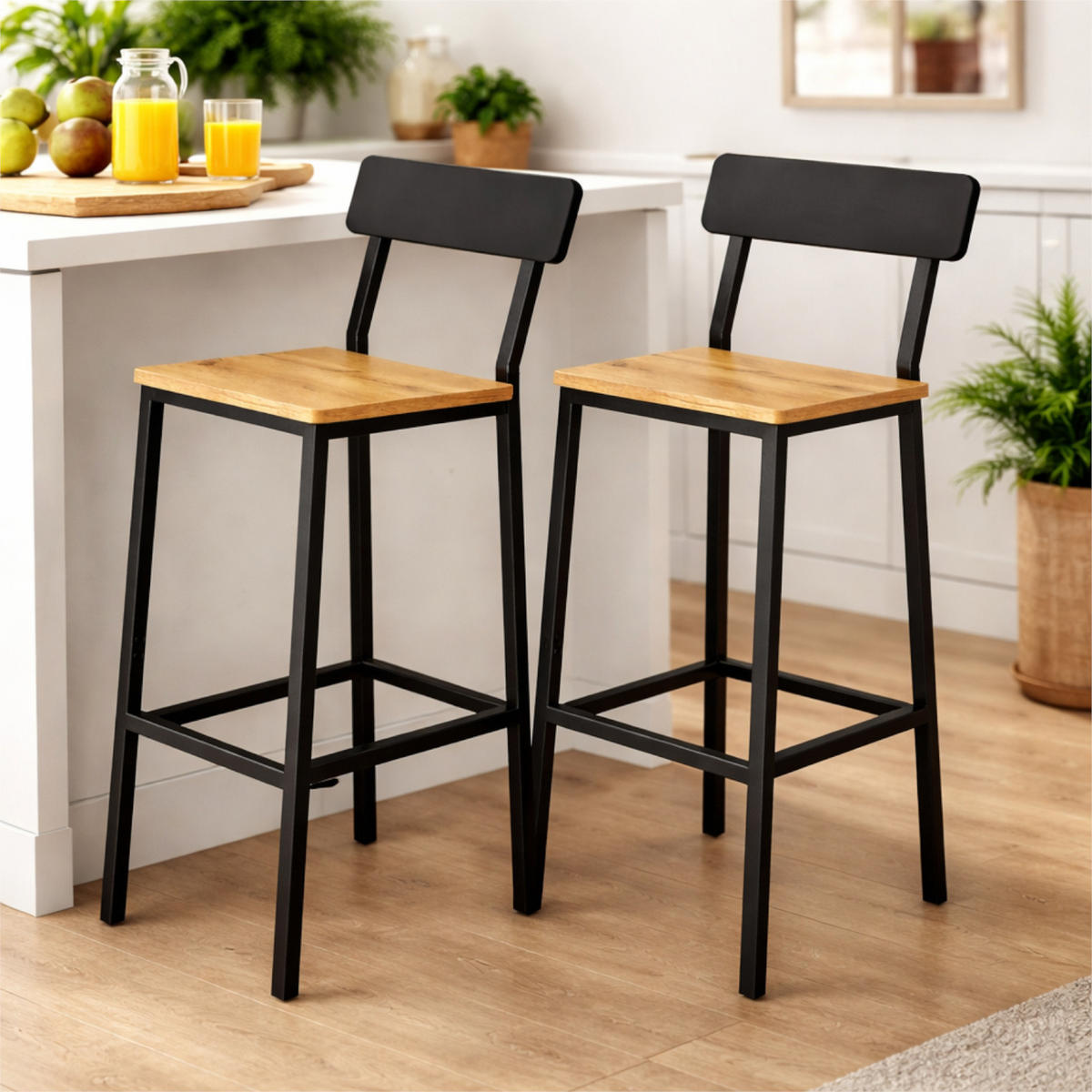 BARHOCKER Holzoptik Metall Eichefarben Schwarz 2-Er Set 90×40×29,5 cm - Eichefarben/Schwarz, Holzwerkstoff/Metall (30/90/40cm) - Begryf