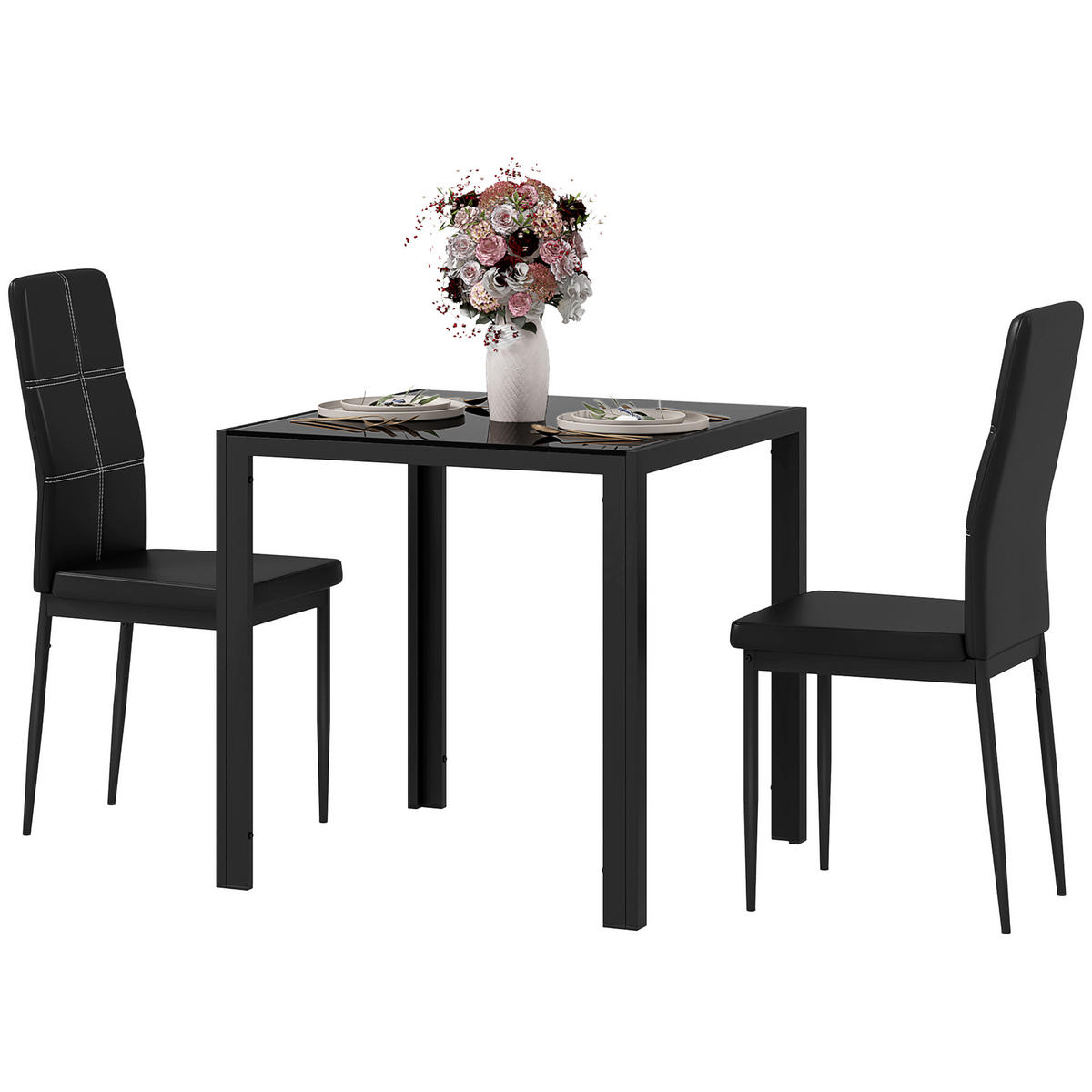 ESSGRUPPE Esstisch mit 2 Stühlen Platzsparend Esszimmergruppe Sitzgruppe Schwarz - Schwarz, Glas (75/75/75cm)