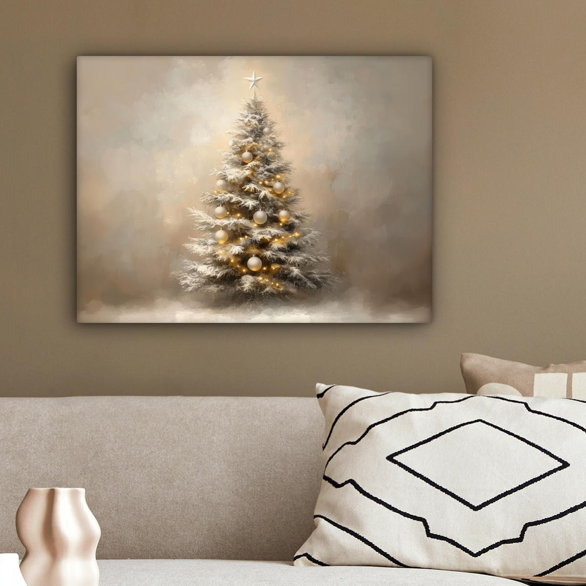 LEINWANDBILD Weihnachten - Weihnachtsbaum - Schnee - Kunst 40x30 cm - Champagner, Textil (40/30cm) - MuchoWow
