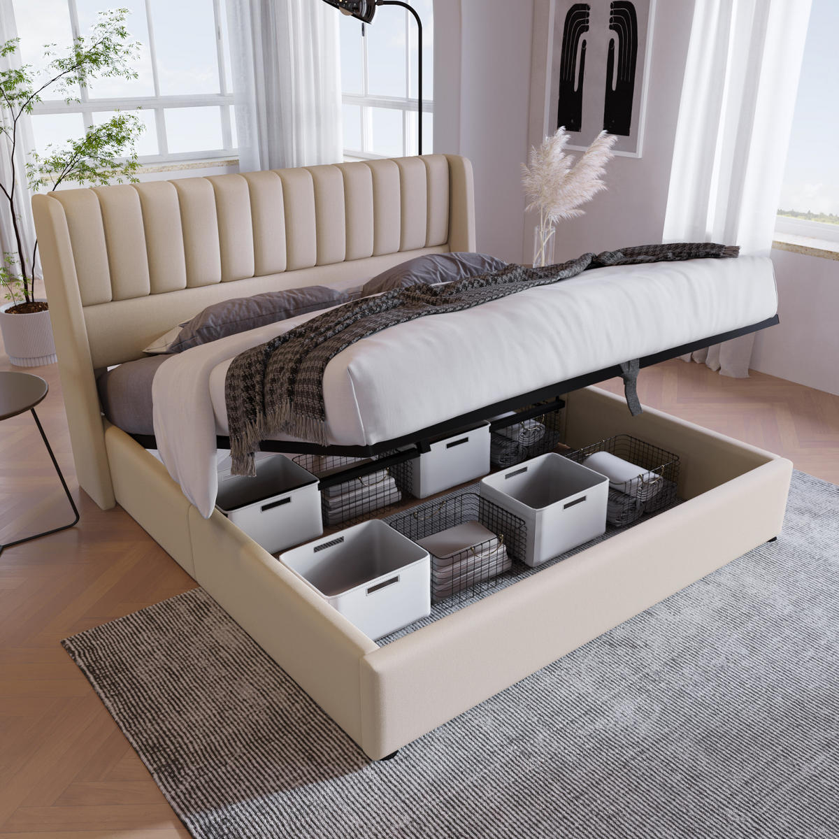 POLSTERBETT 160x200 cm, Beige, Hydraulisches Doppelbett - Beige, Textil/Metall (160/200cm)