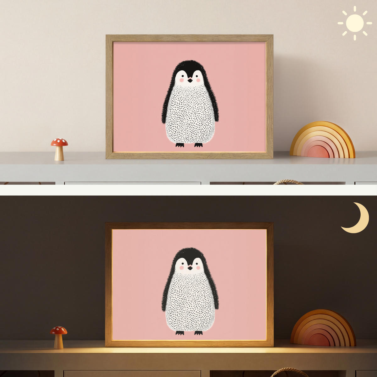 NÁSTĚNNÁ LAMPA S AKUMULÁTOREM Tučňák - Tečky - Minimalistický - Růžový 40x30 cm - růžová, kompozitní dřevo (40/30/8cm) - OnlyWow