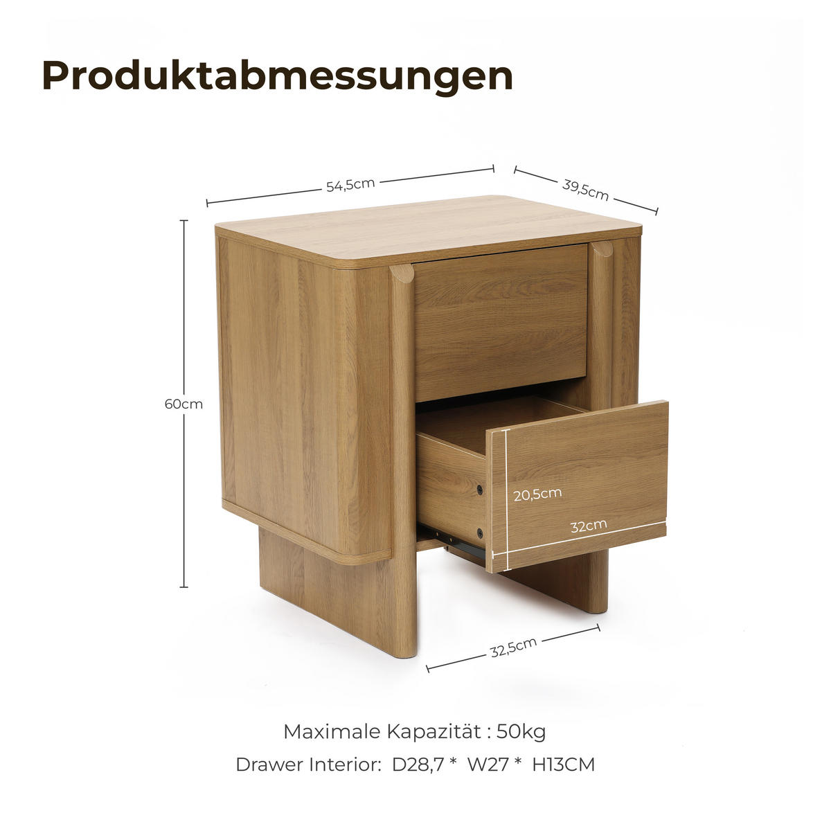 NACHTTISCH Modern im Nordischen Stil,Eichenfarben, Holz-Optik Eiche | B55 x T40 x H60 cm - Eichefarben, Holz (55/60/40cm) - Hometopia