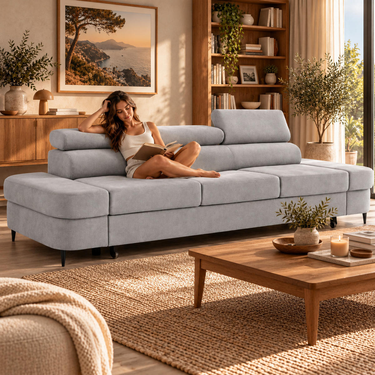 3-SITZER Sofa PRIAM mit Schlaffunktion 125x277 Velours Hellgrau - Hellgrau/Schwarz, Holz/Textil (278/95/102cm) - Muffo