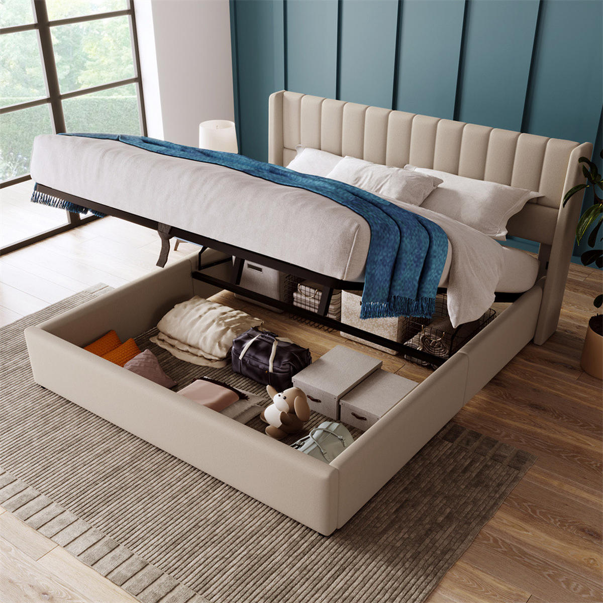 KLÄDD SÄNG 90x200 cm, linne i grått - Beige, Trä/Textil (90/200cm) - KOMHTOM