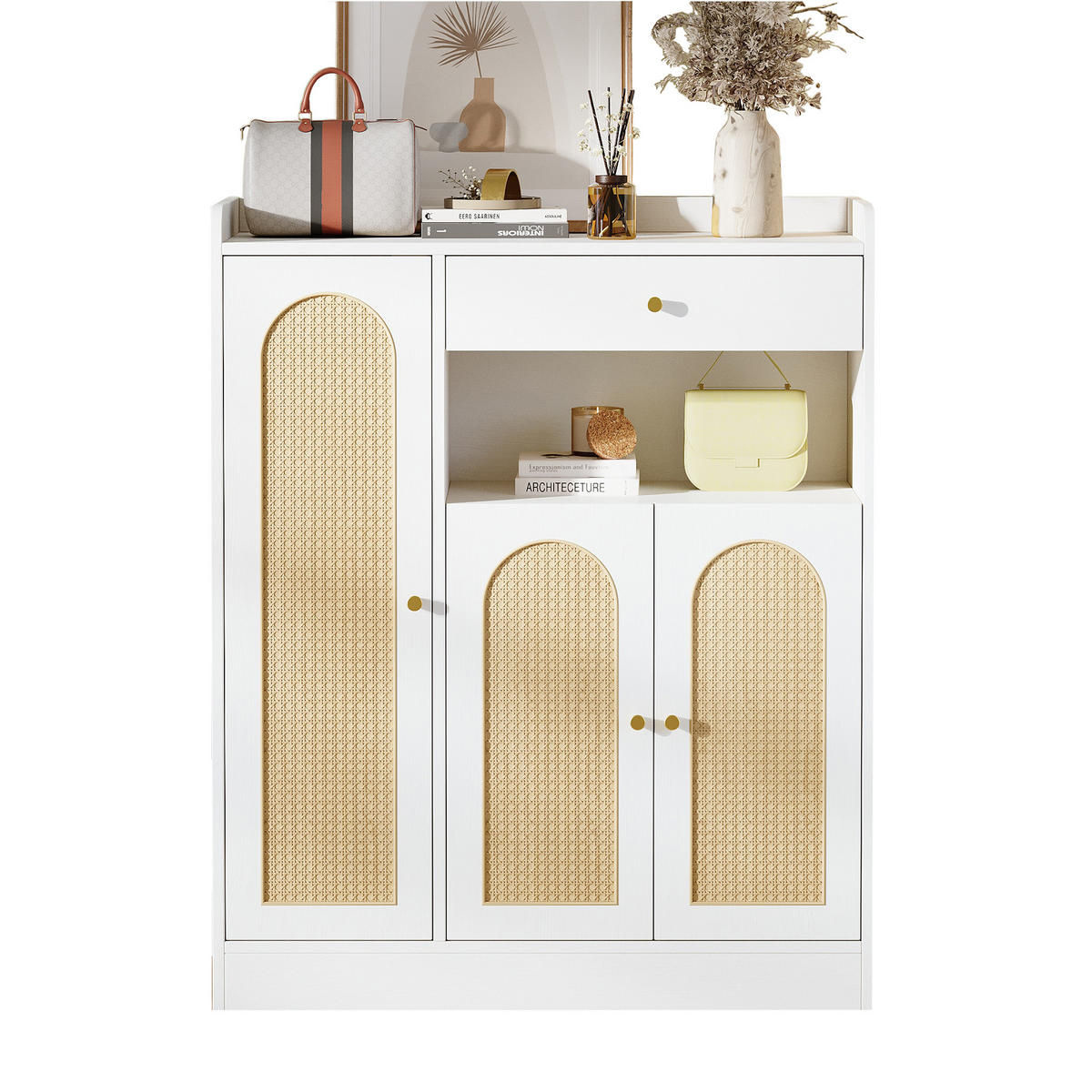 SCHUHSCHRANK Rattan-Optik mit verstellbaren Böden, Stauraum, atmungsaktiven Türen Natur Holzwerkstoff Standardgröße - Weiß/Naturfarben, Holzwerkstoff (90/110/35cm) - EVRYAE