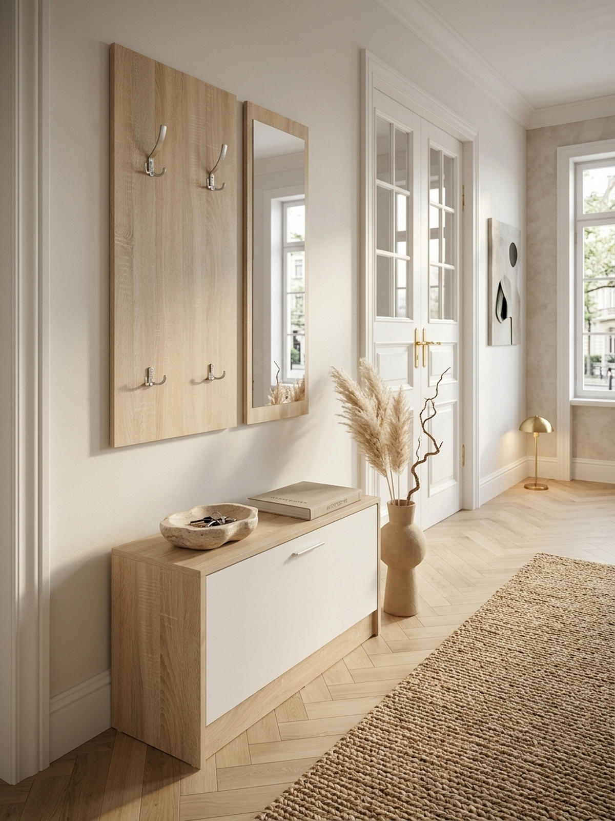 WANDGARDEROBE mit Spiegel, 10 Haken und Platz für 8 Paar Schuhe DELFT, Beige 80x27x180 cm - Beige, Holz (80/180/27cm) - KADIMA DESIGN