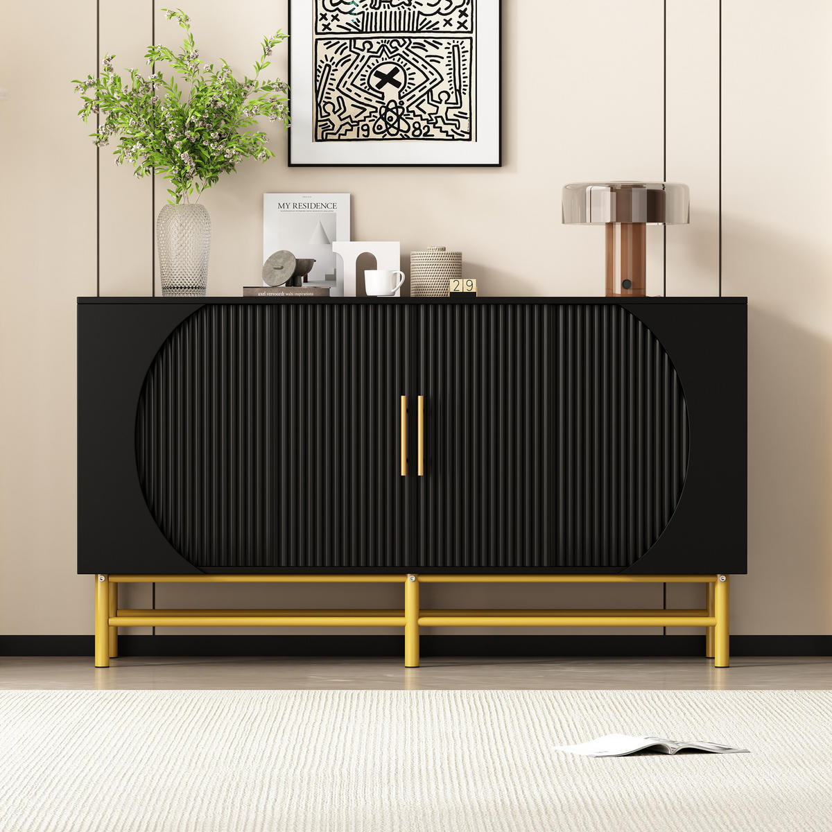 SIDEBOARD mit geriffelten Türen und goldenen Beinen Schwarz - Schwarz, Holzwerkstoff/Metall (40/81.5/145cm) - Urban Meuble