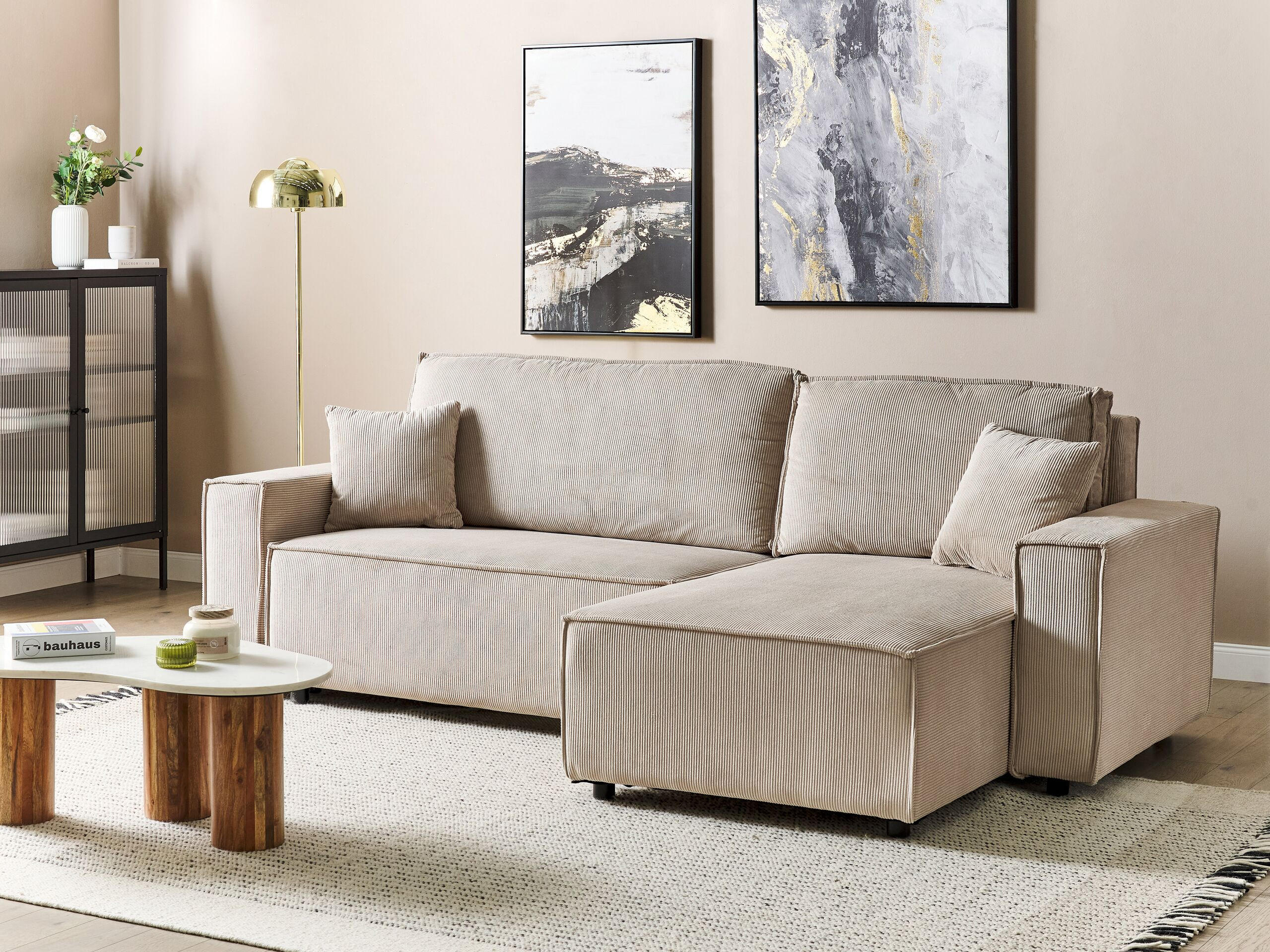 2-SITZER-ECKSOFA Cord beige rechtsseitig mit Schlaffunktion Abacka - Beige/Schwarz, Textil (247/147cm) - Beliani